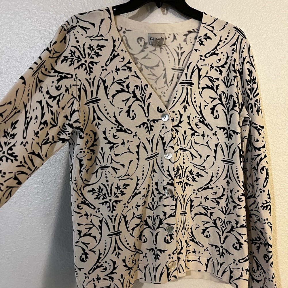Chicos Cream and Black Cardigan Sz 2